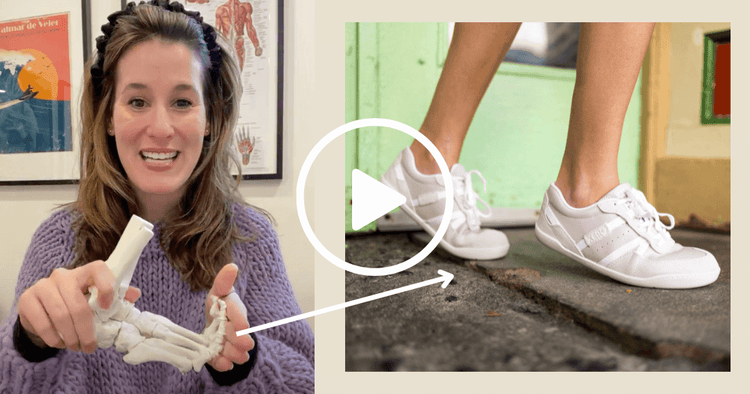 Video thumbnail or a woman explaining the functions of the foot while walking with an image of xero shoes next to her