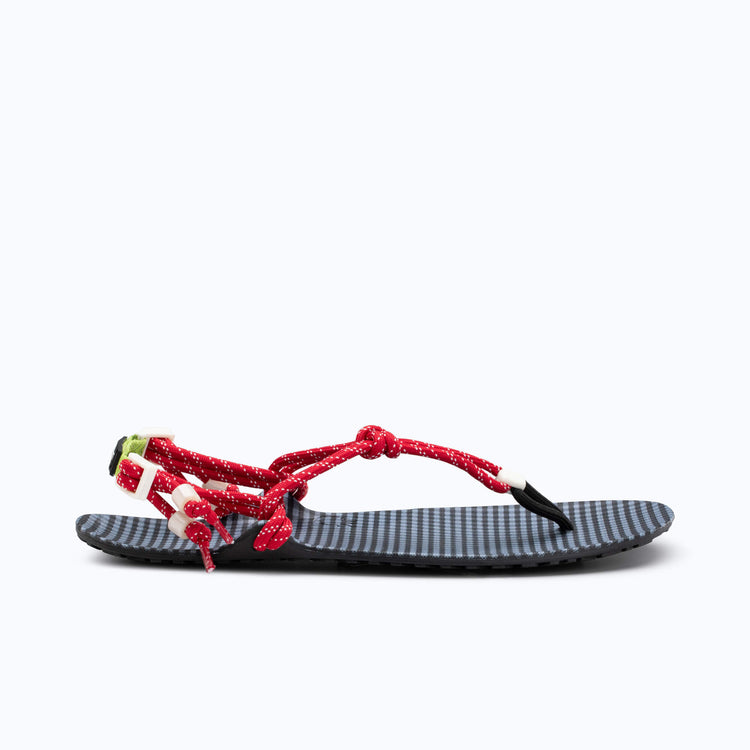 Xero Shoes x J.Crew Genesis Women Sandal in Black and Blue Checkered with Red Rope Strap, Toe Facing Right