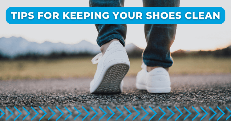 Close up low shot of man walking with white Xero Shoes with text "tips for keeping your shoes clean"