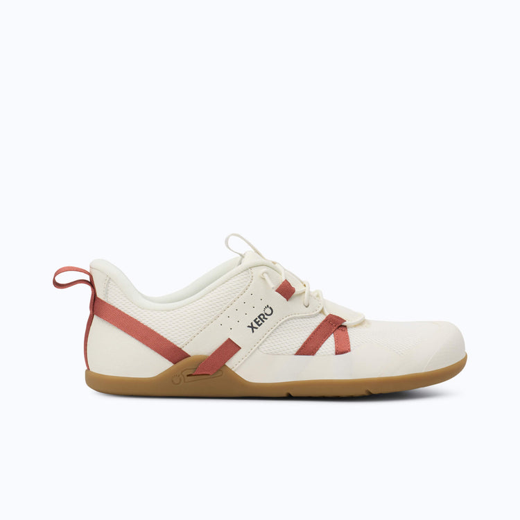 Xero Shoes Prio Coast Women Shoe in White with Red Strap that Loop Across the Side, Toe Facing Right