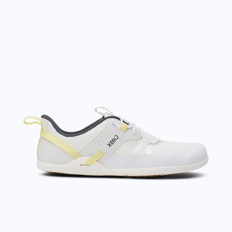 Xero Shoes Prio Coast Women Shoe in White with Yellow Strap that Loop Across the Side, Toe Facing Right
