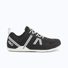 Xero Shoes Prio Men Shoe in Black with White and Gray Strap Wrapping Around the Heel and Side,Toe Facing Right