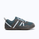 Xero Shoes Prio Men Shoe in Gray and Slate Blue Mesh with Gray and White Strap Wrapping Around the Heel and Side.Toe Facing Right